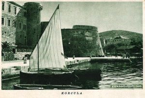 Sailing boat in Riva, Korcula port in 1920s