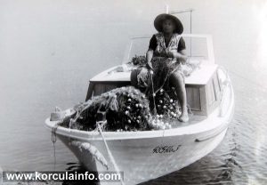 Teta Stefa - local fisherwoman in her boat with her fishnets - Korcula (1970s)