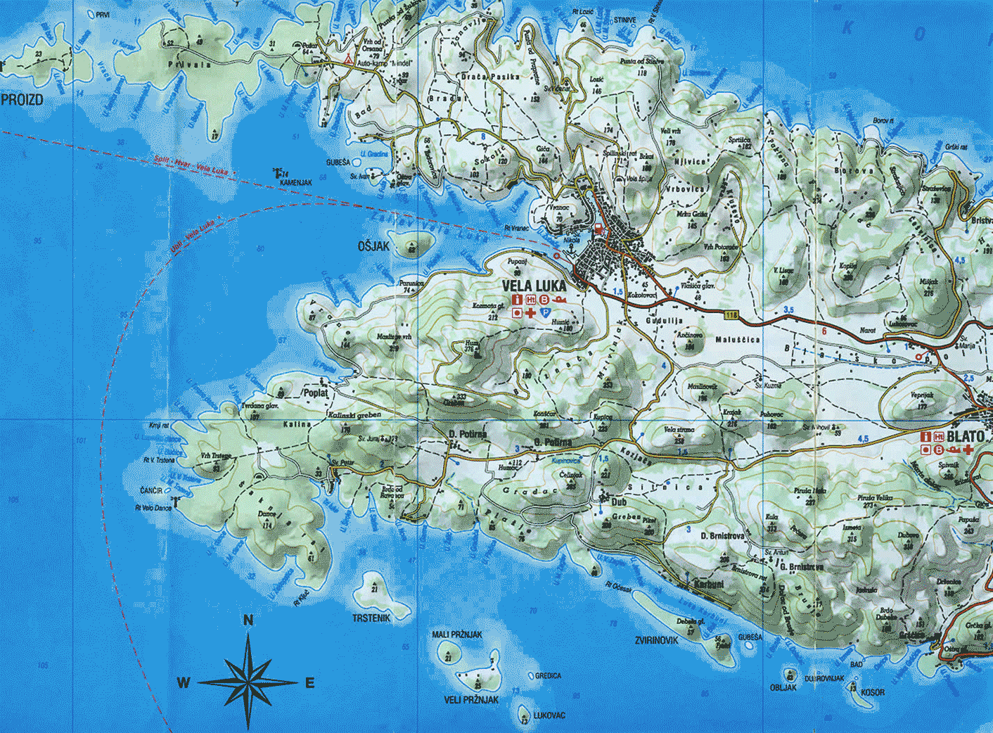 Korcula Island Map: Map of Vela Luka, Osjak, Karbuni and Proizd