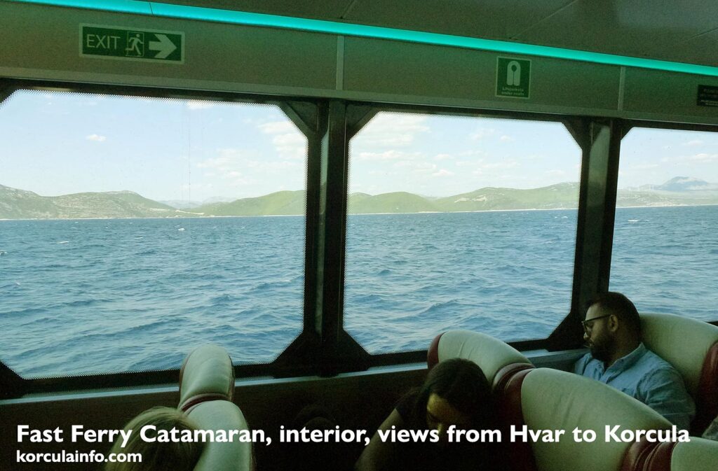 Fast ferry Catamaran Krilo/TP Line interior and sea views, on the route from Hvar to Korcula island
