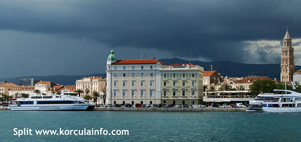 Jadrolinija's catamaran ferry docking in Split port before leaving for Korcula island.